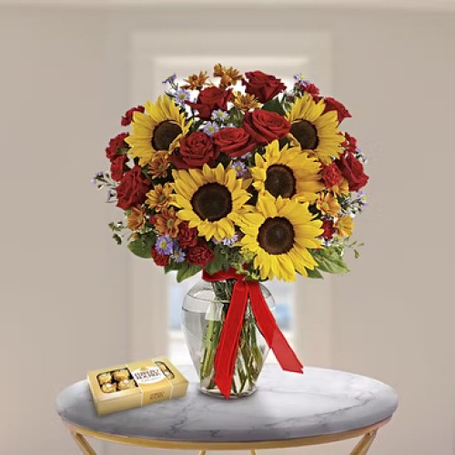 Beauty and Flavor (2 Sunflowers + 4 Roses + 4 Carnations + Daisies.)