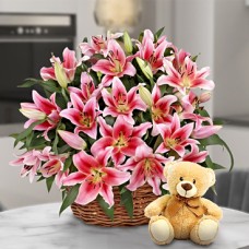 Romantic Lilies TEDDY BEAR (3 Lilies Stems + TEDDY BEAR)