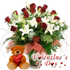 Passion Flowers (24 Roses + 6 Lily Stems + Teddy Bear)