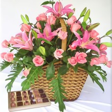 Dreamy Basket (24 Roses + 3 Stems of Liliums + Chocolates)