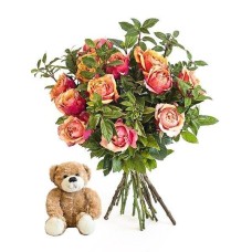 Orange Roses with a Small Teddy (Small (8 Roses))