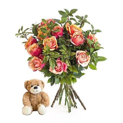 Orange Roses with a Small Teddy (Small (8 Roses))