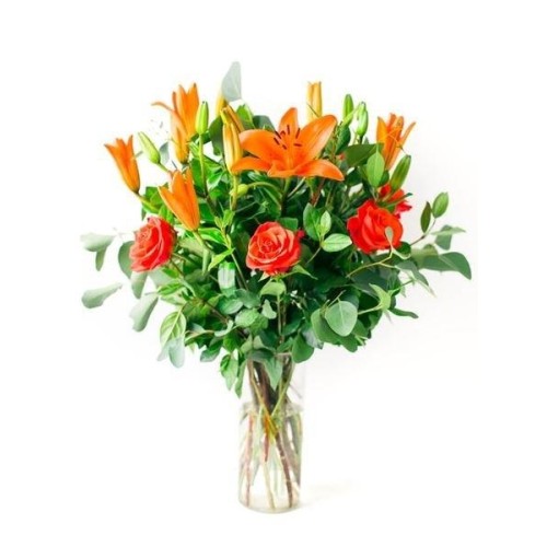 Lilies and Roses in a Vase (Small (6 Roses & 6 Lilies) (As Shown))