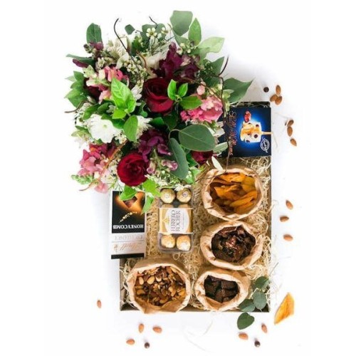 Decadent Jumbo Snack Box with Floral Arrangement