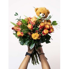 Orange Roses with a Small Teddy (Double (16 Roses))