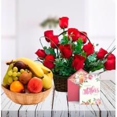 Mothers Day Combo And Card (5 Kg Fruit Basket, 12 Red Roses Basket and Greeting Card)