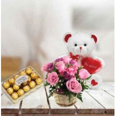 Pink Roses, Teddy and  Chocolate