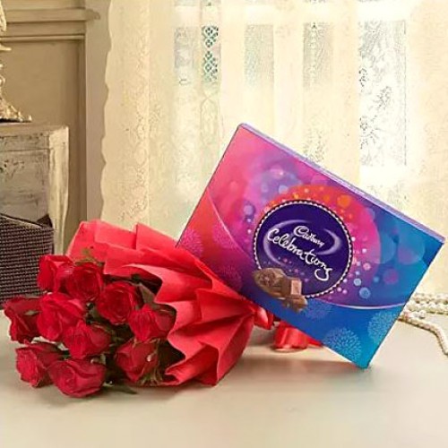 Valentine Roses with Chocolate (18 Red Roses with Cadbury Celebration (168 gm))