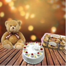 Cake, Chocolate and Teddy (1/2 Kg Cake + 6 inch Teddy + 16 pc Ferrero Rocher)