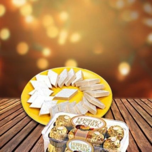 Kaju Burfi & Ferrero Rocher Chocolates (1/2 Kg Kaju Burfi with 16 pc Ferrero Rocher Box)
