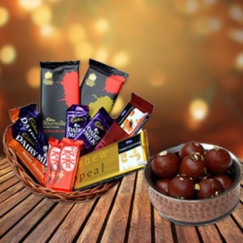 Gulab Jamun & Chocolate Basket (1 Kg Gulab Jamun with Indian Assorted Chocolate Basket)