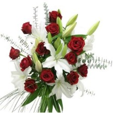 Valentine Red Roses & White Lilies (4 Lilies + 8 Roses)