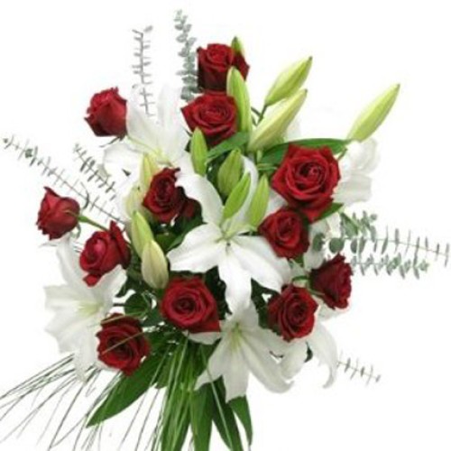 Valentine Red Roses & White Lilies (4 Lilies + 8 Roses)