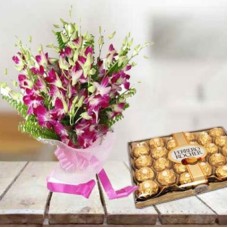 Valentine Orchids and Chocolate (12 Purple Orchid Bouquet with 24 pc Ferrero Rocher Box)