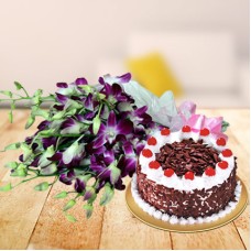 Valentine Orchids and Cake (12 Purple Orchid Bouquet with 1 Kg Blackforest Cake)