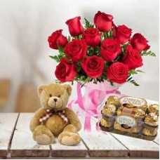 Red Roses with Chocolate & Teddy (18 Red Roses, 16 PCs Ferrero Rocher & 9 Inch Teddy)
