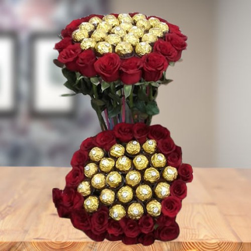 Roses and Rocher Chocolate Bouquet (16 Ferrero Rocher & 18 Roses Bouquet)