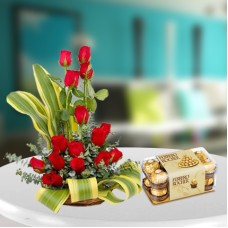 Red Roses Arrangement with Ferrero Rocher (12 Roses Floral Arrangement with 16 Pcs Ferrero Rocher)