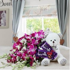 Valentine Love with Orchids, Teddy and Chocolate