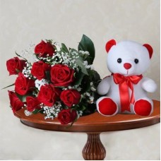 Cute Teddy With Red Roses Bouquet (12 Red Roses with 6-9 Inch Teddy)
