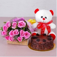 Bunch of Pink Roses with cake and teddy combo (12 Red Roses, 1 Kg Chocolate Cake and 6-9 Inches Teddy)