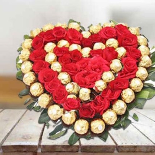 Valentine Premium Roses with Ferrero Rocher Heart (24 Red Roses with 24 Ferrero Rocher Heart)