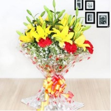 Special Love Bouquet (10 Red Carnations and 5 Asiatic Yellow Lilies)