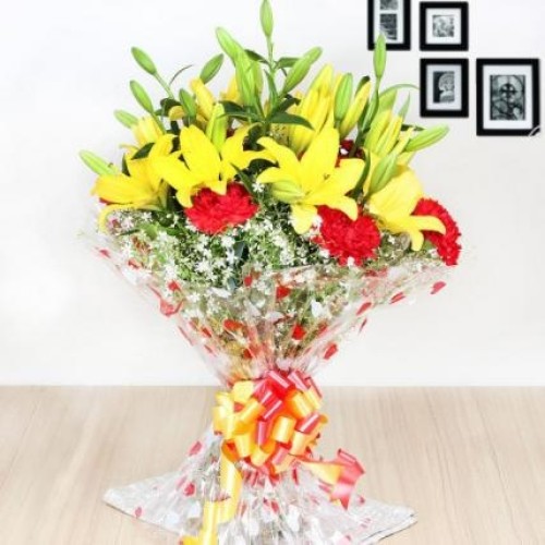 Special Love Bouquet (10 Red Carnations and 5 Asiatic Yellow Lilies)