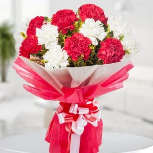 Adorable Mixed Carnation Bouquet (5 Red Carnations and 5 White Carnations)