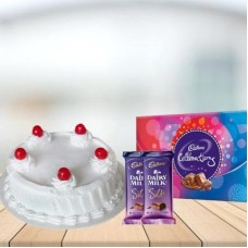 Vanilla Cake with Assorted Chocolates Combo (1/2 kg Vanilla Cake With Cadbury Celebration and 5 Cadbury Dairy Milk Silk (60 gm))