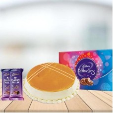 Butterscotch Cake with Assorted Chocolates Combo (1/2 kg Butterscotch Cake With Cadbury Celebration and 3 Cadbury Dairy Milk Silk (60 gm))