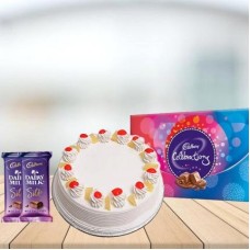 Pineapple Cake with Assorted Chocolates Combo (1/2 kg Pineapple Cake With Cadbury Celebration and 3 Cadbury Dairy Milk Silk (60 gm))