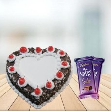 Heart Shape Black Forest Cake with Cadbury Silk Combo (1/2 kg Heart Shape Black Forest Cake With 3 Cadbury Dairy Milk Silk (60 gm))