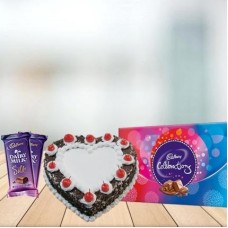 Heart Shape Black Forest with Assorted Chocolates Combo (1/2 kg Heart Black Forest Cake With Cadbury Celebration and 3 Cadbury Dairy Milk Silk (60 gm))