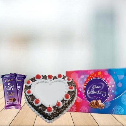 Heart Shape Black Forest with Assorted Chocolates Combo (1/2 kg Heart Black Forest Cake With Cadbury Celebration and 3 Cadbury Dairy Milk Silk (60 gm))