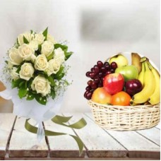 White Roses with Fruit Basket (12 White Roses with 2 Kg Fruit Basket)