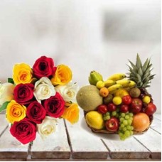 Mixed Roses Bouquet With Fruit Basket