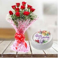 Cake & Red Roses (1/2 Kg Cake & 12 Red Roses)