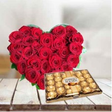 Roses Heart with Ferrero Rocher (50 Red Roses Heart with 16 pc Ferrero Rocher Box)
