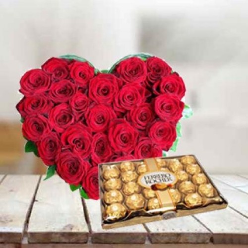Roses Heart with Ferrero Rocher (50 Red Roses Heart with 16 pc Ferrero Rocher Box)