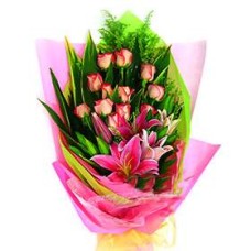 Bouquet of Pink Roses & Star Gazer Lilies with fillers