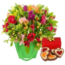 Alstroemeria In Gift Bag + Chocolate Hearts (16 Piece)