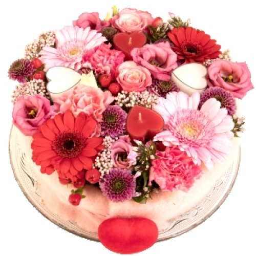 Flower cake with 4 hearts tea light (Flower cake pink red with 4 hearts tea lights + box heart shape with 8 tea lights hearts)