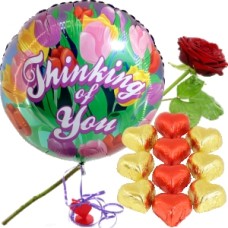 Balloon Thinking of you + 10 chocolate hearts (Helium balloon Thinking of you + 10 chocolate hearts + fresh red rose + bottle of Spanish white wine Marqués)