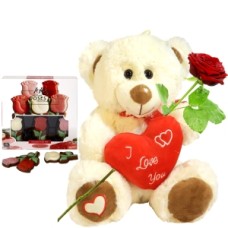 Teddy bear approx. 25cm + rose chocolate (White sitting cuddly toy approx. 25cm with red heart and brown feet + gift box rose chocolate + fresh red rose)