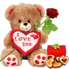 I love you hug + chocolate hearts (Brown teddy bear 30 cm + 140 grams chocolate hearts)