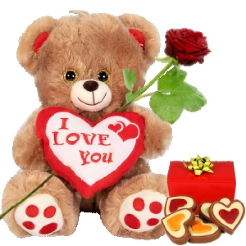 I love you hug + chocolate hearts (Brown teddy bear 30 cm + 140 grams chocolate hearts)