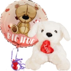 Cuddle dog with heart + balloon Big hug (White cuddly dog ​​40cm with love heart + Balloon Big hug + 140 grams of chocolate hearts)