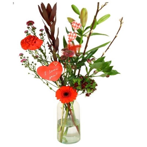 Valentine picking bouquet of flowers incl. vase (Love picking flowers bigger pink - red including narrow glass vase and hearts/feathers)