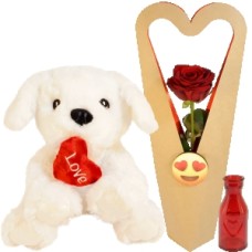 Red rose in graceful + cuddly dog (Red rose with red vase in elegant heart box + white cuddly dog ​​+ 120 grams of rose chocolate in gift packaging)